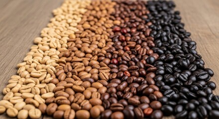 Coffee bean gradation from light to dark on wood surface