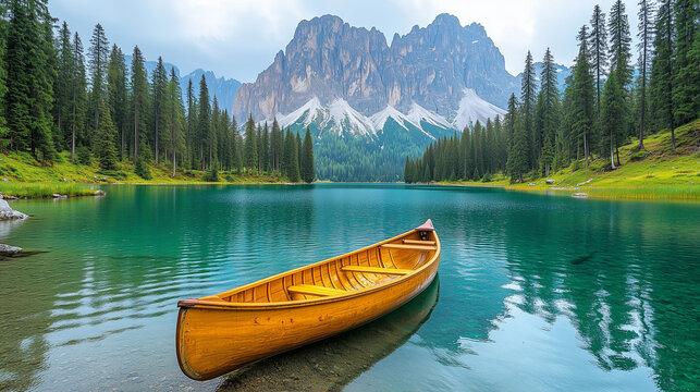 A wooden canoe floats peacefully on a clear turquoise mountain lake surrounded by dense evergreen pine trees and majestic peaks.