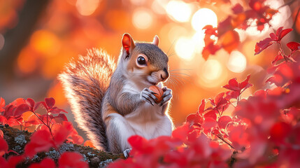 A cute gray squirrel sits on a tree branch, holding a nut among vibrant red autumn leaves during golden hour.