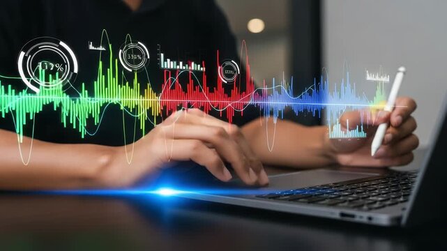 A person uses a stylus to interact with a laptop displaying a colorful sound wave and data analytics visualizations