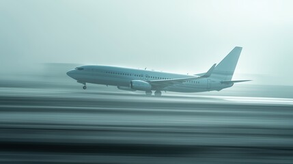 Commercial jet airplane taking off from airport runway in foggy weather