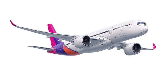 Commercial passenger airplane in flight, isolated on transparent background