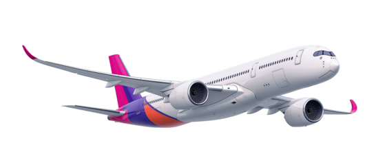 Commercial passenger airplane in flight, isolated on transparent background