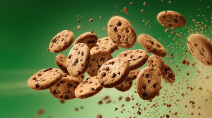 Falling chocolate chip cookies on green background