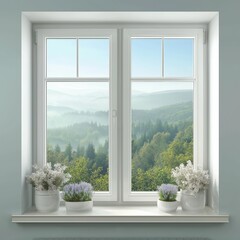 Window with potted plants on sill overlooking forest view
