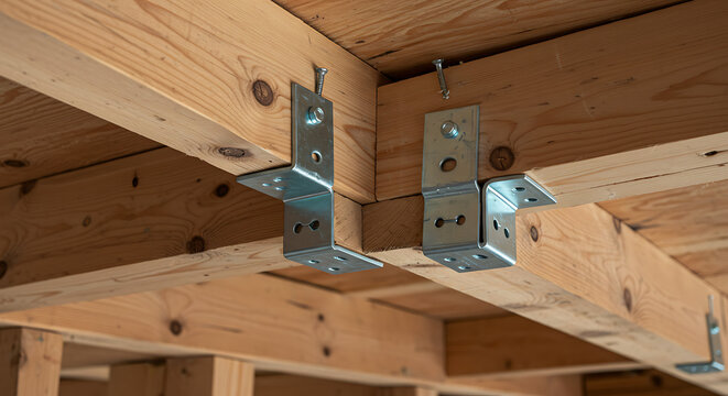 Close-up of metal joist hangers securing wooden beams in a residential construction setting, illustrating structural support and building techniques