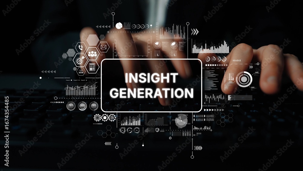 Poster insight generation concept with hands on keyboard and digital data visualization elements in modern 