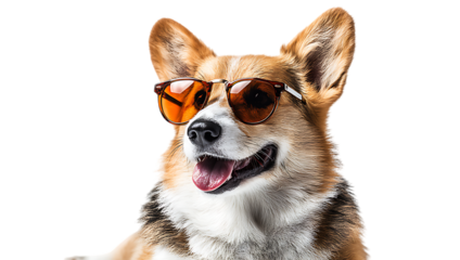 Happy smiling corgi dog wearing sunglasses a fun and adorable pet portrait