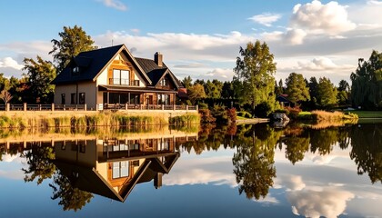 Obraz premium Reflective lakeside dwelling basks in golden sunlight, adorned by fluffy, peaceful clouds