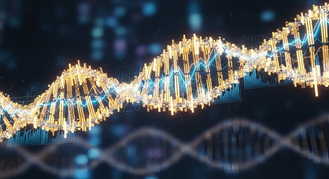 Dynamic digital DNA helix showcases financial market growth with glowing golden bars and blue chart lines.