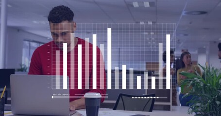 Man in red shirt typing while bar overlay appearing comparing printed reports for business analysis - Powered by Adobe