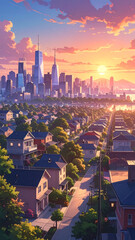 City sunset residential area illustration