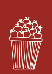 Illustration Hand Draw Doodle Basket of Apples Fruit Autumn Thanksgiving on Red Background