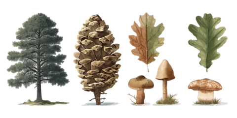 A comprehensive botanical illustration set showcases a pine tree, a large pine cone, oak leaves, and woodland mushrooms on a transparent background.