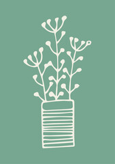 Illustration Hand Draw Doodle Striped Vase with Plants and Green Background