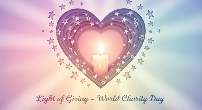 Hopeful heart with glowing candle and stars radiates warmth for charity and giving