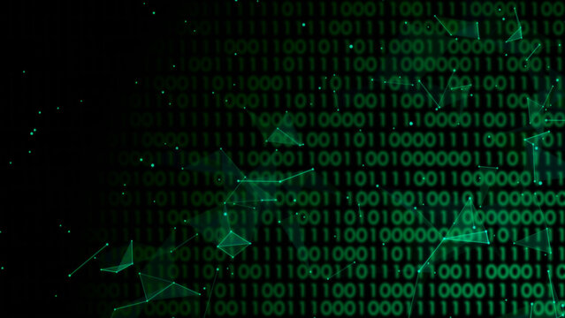 Green digital technology background with binary numbers and connecting dots and lines design 