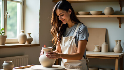 Woman shaping clay vase in sunlit pottery studio