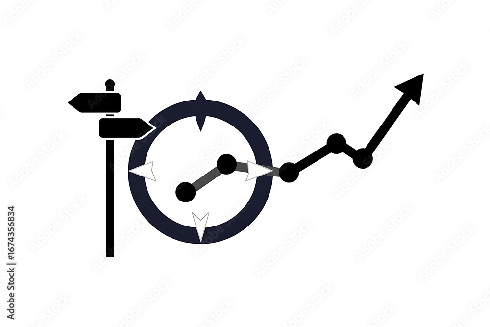 Poster stylized black and white icon of a compass and directional signpost with an upward trending graph ch