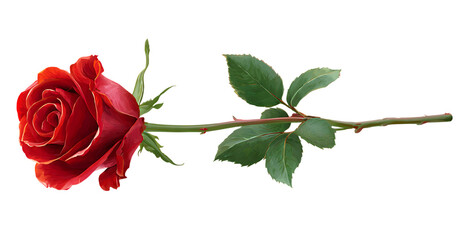 Fototapeta premium A single beautiful red rose with green leaves isolated on a deep black background