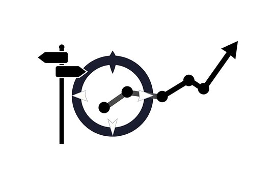 Stylized black and white icon of a compass and directional signpost with an upward trending graph chart