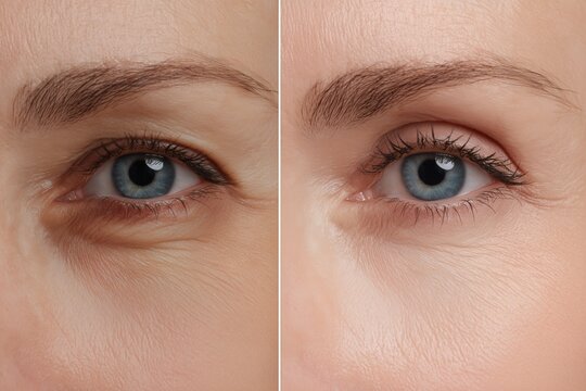 Before and after comparison of woman eye area dark circle treatment