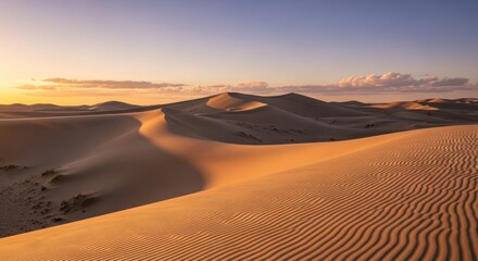 Golden Hour Serenity: Rippled Sand Dunes at Sunset, Desert Landscape