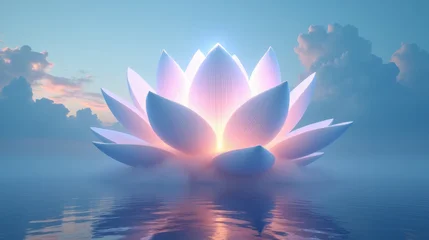 Tableau sur plexiglas Salle de bain Giant glowing lotus flower made of clouds above calm ocean at sunset, dreamy spiritual sky  © AnastasiaStark