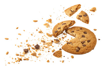Pile cake crumbs, cookie pieces flying isolated on white, clipping path.