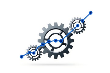 Interlocking gears with a blue line graph showing upward trend on white background chart data