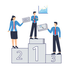Flat illustration of business marketing team stacking SEO blocks to elevate website visibility on search engine ranking podium stock illustration