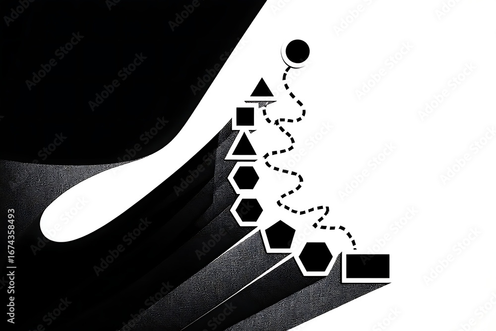 Poster abstract geometric shapes connected by a dotted line on a contrasting black and white background wit