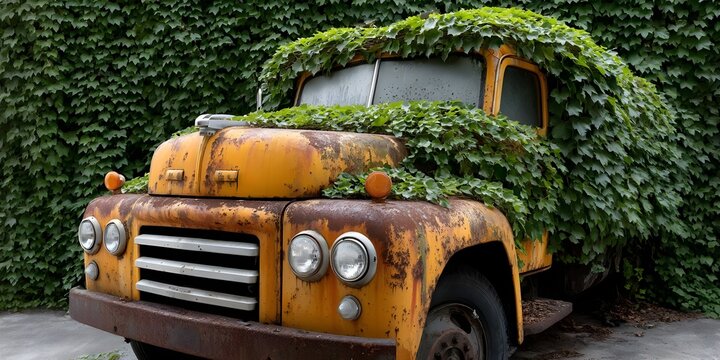 Vintage truck overgrown with lush green ivy - Powered by Adobe