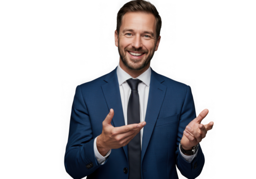 Smiling businessman in a suit gesturing with hands isolated on transparent background