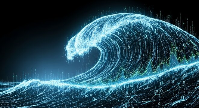 Dynamic digital wave of data and charts symbolizes financial growth and technological advancement - Powered by Adobe