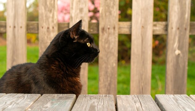 Black cat by a wooden fence (2) - Powered by Adobe