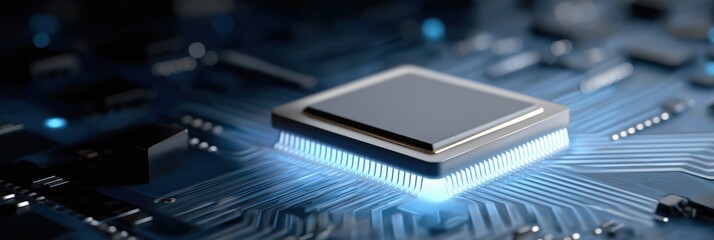 Close-up of modern microchip on circuit board with blue glow