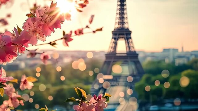 Eiffel Tower and Rose Flowers. Selective Focus. Nature.