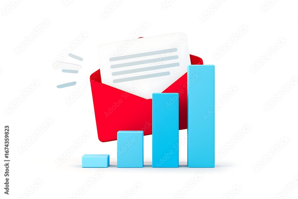 Poster 3d rendered red envelope with document and growing blue bar chart on white background email message