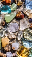 Colorful glass pebbles on the beach sand as a background. Colorful stones on the sand. Selective focus, seaglass nature.