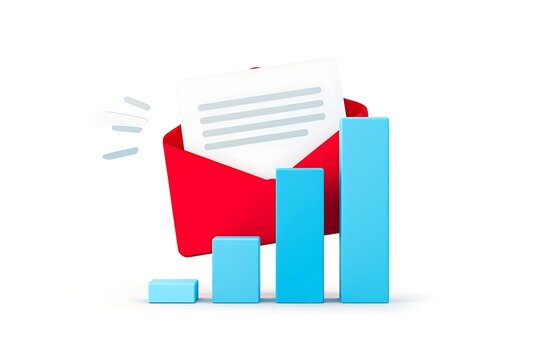 3D Rendered Red Envelope with Document and Growing Blue Bar Chart on White Background email message