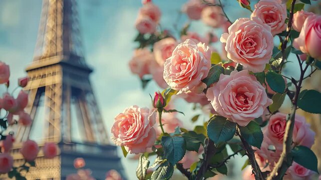 Eiffel Tower and Rose Flowers. Selective Focus. Nature.