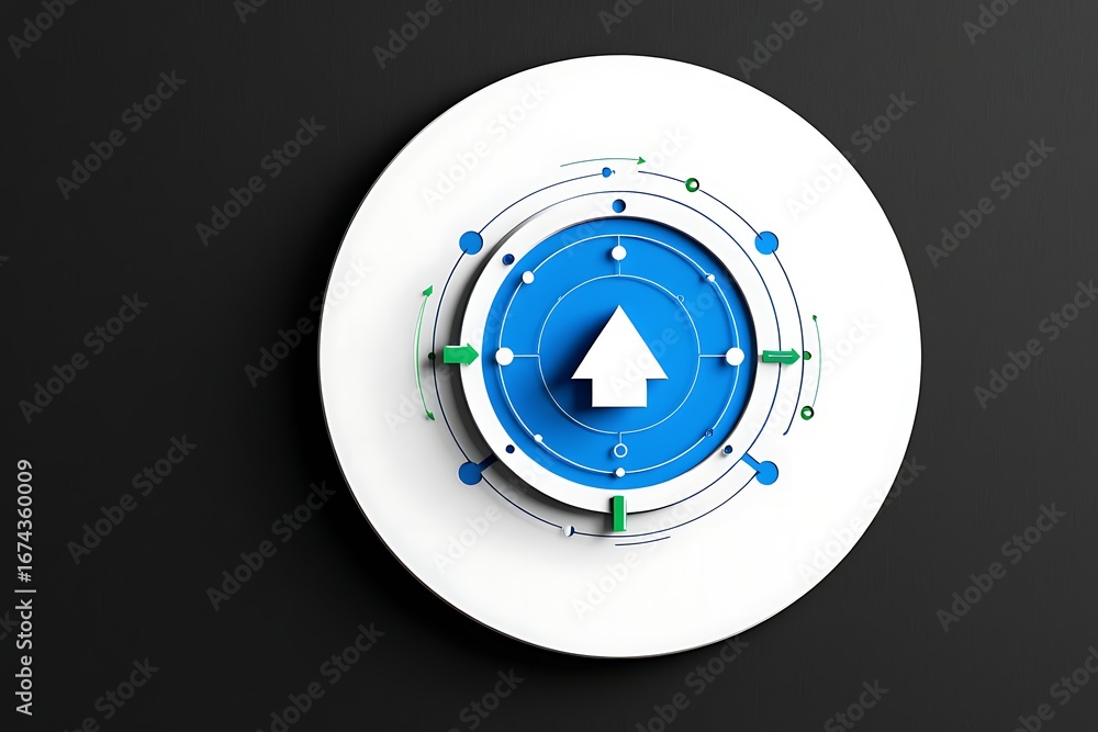 Poster abstract circular diagram with upward arrow and data points on dark background technology