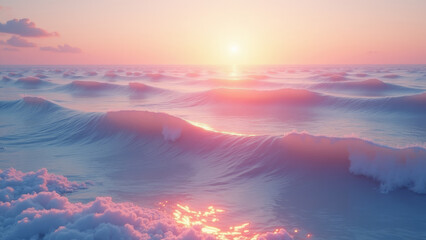 Vast ocean with waves made of glowing light, soft pink blue and gold, surreal calming concept