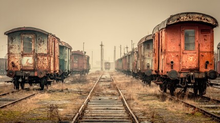 Fototapeta premium Abandoned Train Cars in Foggy Setting