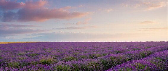 Fototapeta premium Dreamy lavender landscape with pink and blue sunset