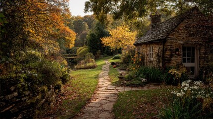 Autumnal cottage nestled in a garden path
