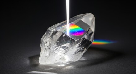 Quartz crystal diffracting light into a rainbow spectrum
