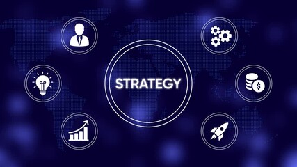 Strategy concept with business icons and world map background in blue planning management