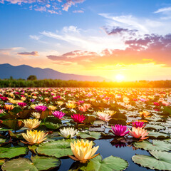 Colorful lotus pond sunset landscape